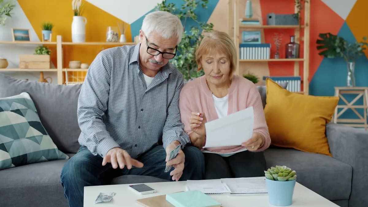 An older couple sitting together at a kitchen table at home, talking over a set of papers.
