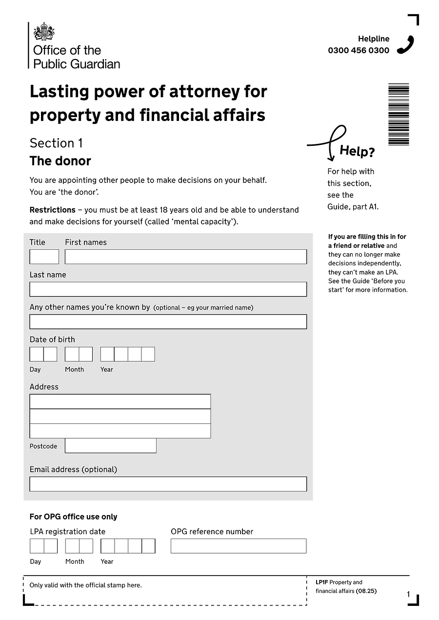 Page one of form LP1F, the Office of the Public Guardian's lasting power of attorney for property and financial affairs, showing the Section 1 donor details.